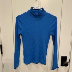bright blue ruffle collar J Crew mock neck turtleneck